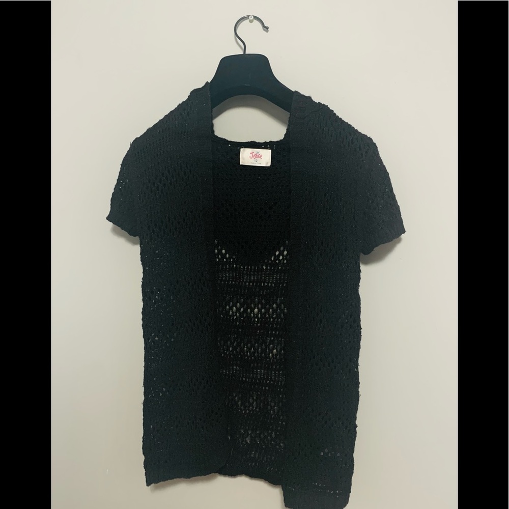Black Knit Long Short-Sleeved Cardigan with Hood